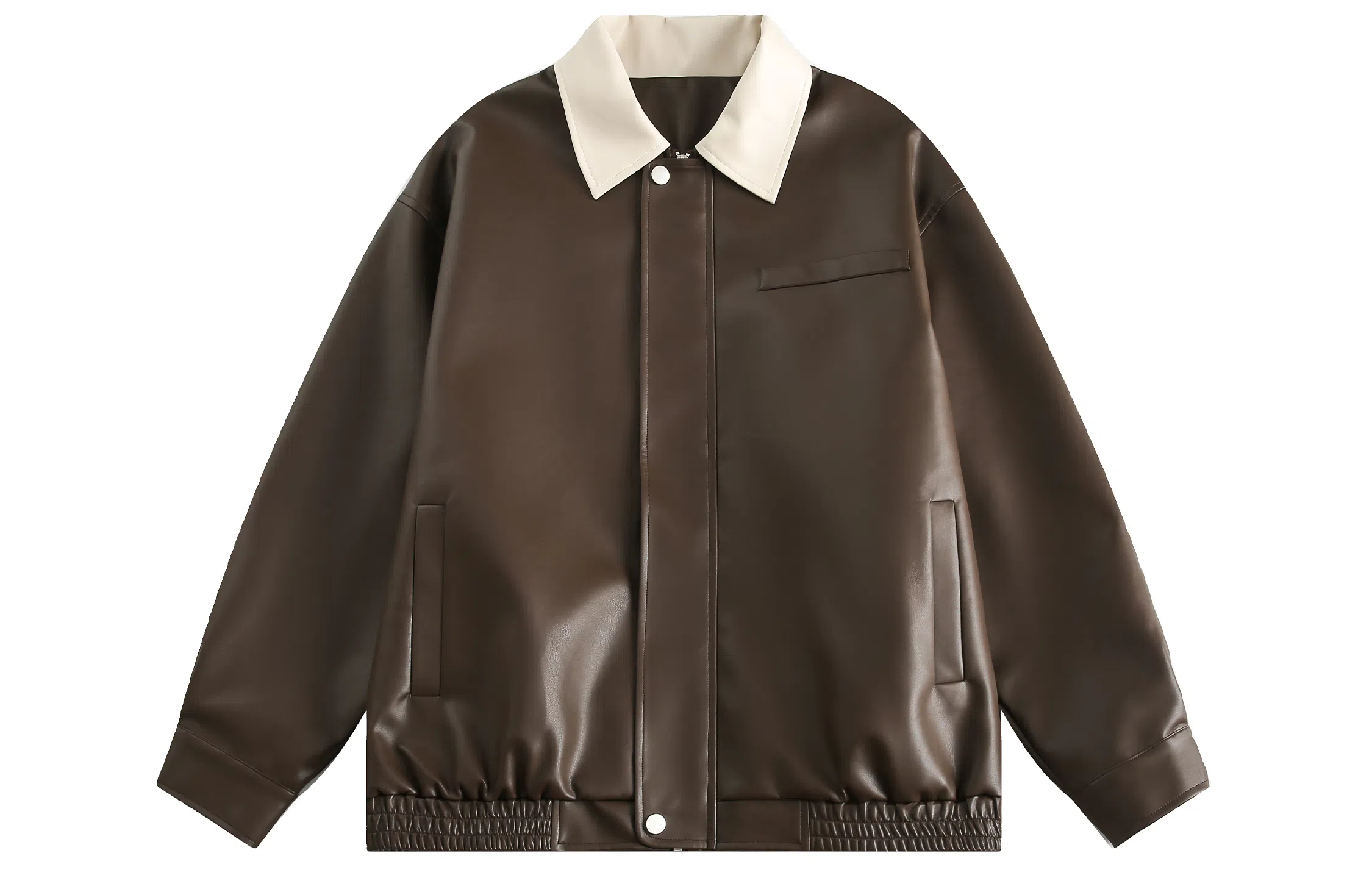 美式复古机车风纯色翻领宽松时尚拉链皮夹克皮衣 男女同款