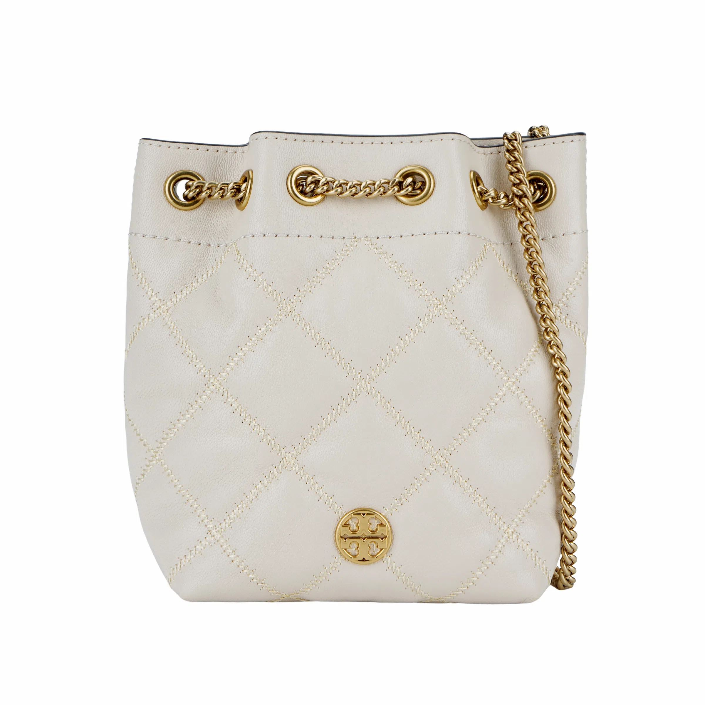 Tory Burch Metal Logo Chain Strap Bucket Bag Beige