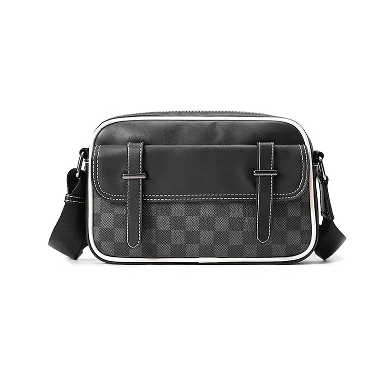 老人头 复古潮流时尚 合成革 单肩斜挎包 男款 黑色格子