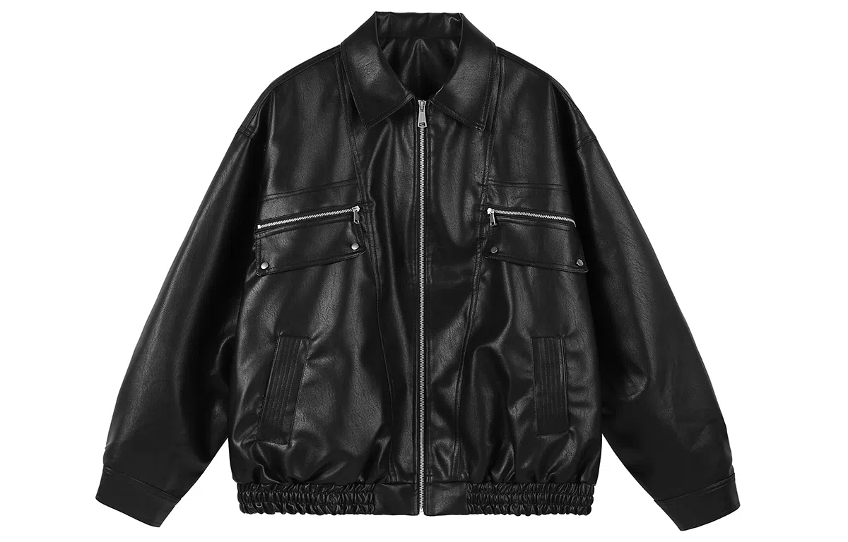 美式复古机车风宽松翻领夹克设计皮衣 男女同款