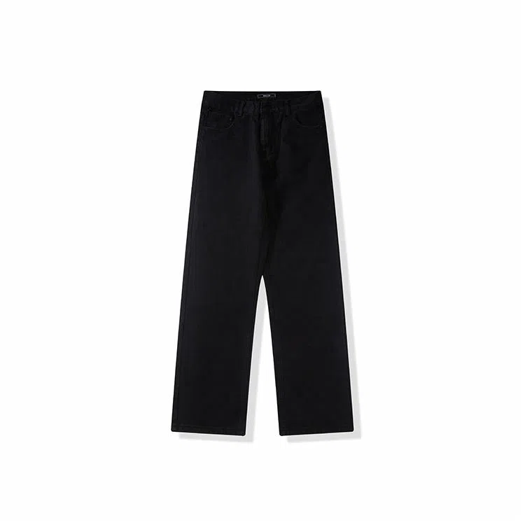 我是大卫 纯色拉链潮牌宽松直筒百搭拖地阔腿牛仔裤 男款 黑色