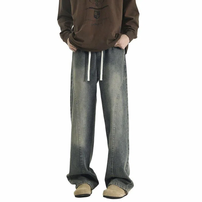 【dme】 美式复古高街纯色水洗做旧设计抽绳中腰宽松休闲垂感直筒牛仔裤 男女同款