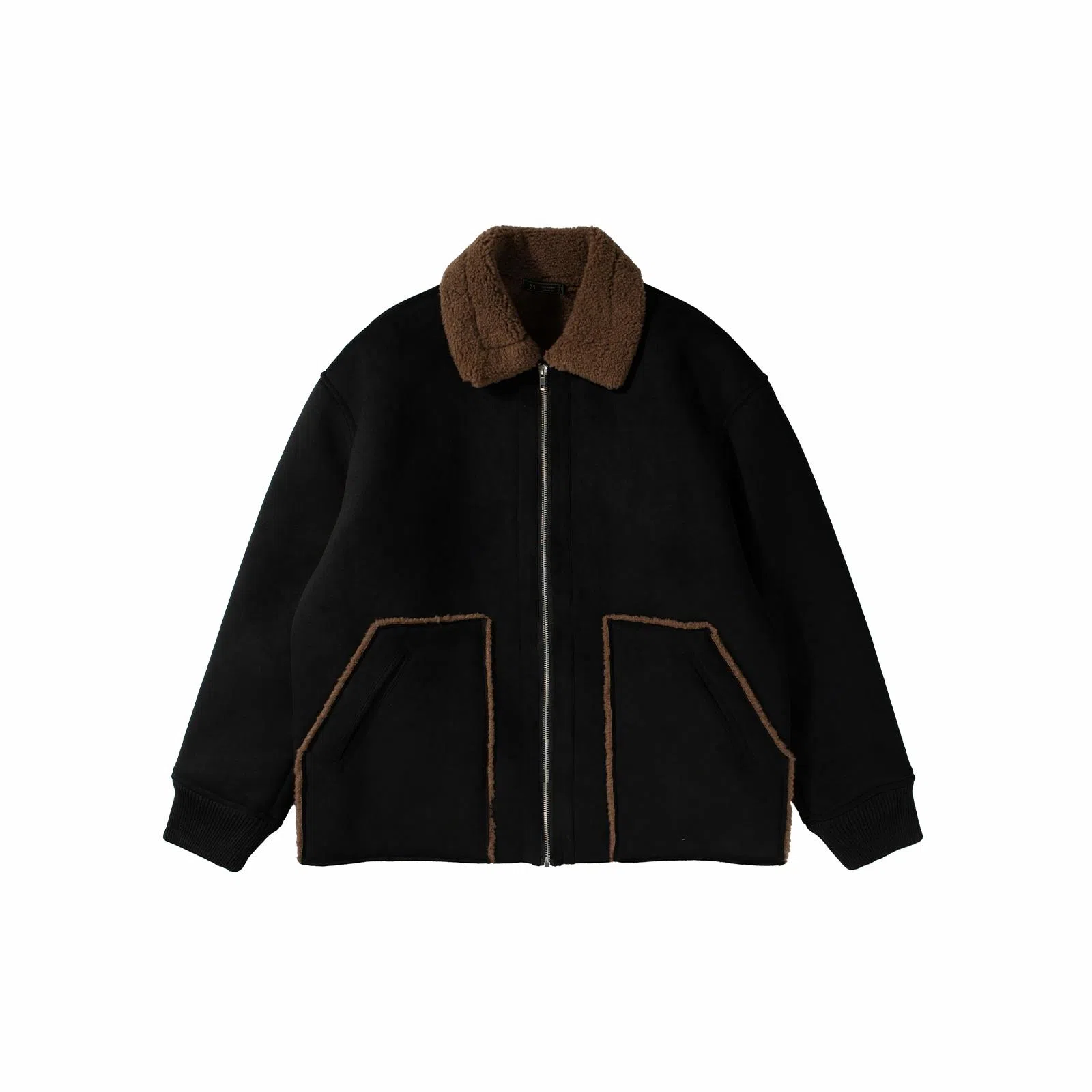 我是大卫 毛绒翻领纯色拼接美式高街复古加厚夹克外套 男女同款 黑色