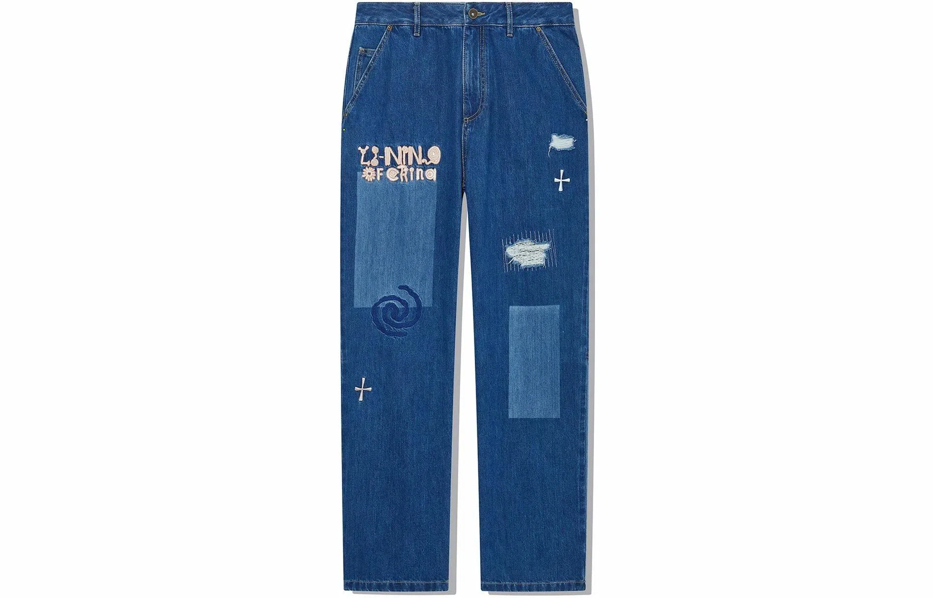 中国李宁 字母中腰直筒牛仔裤 男款 深牛仔蓝