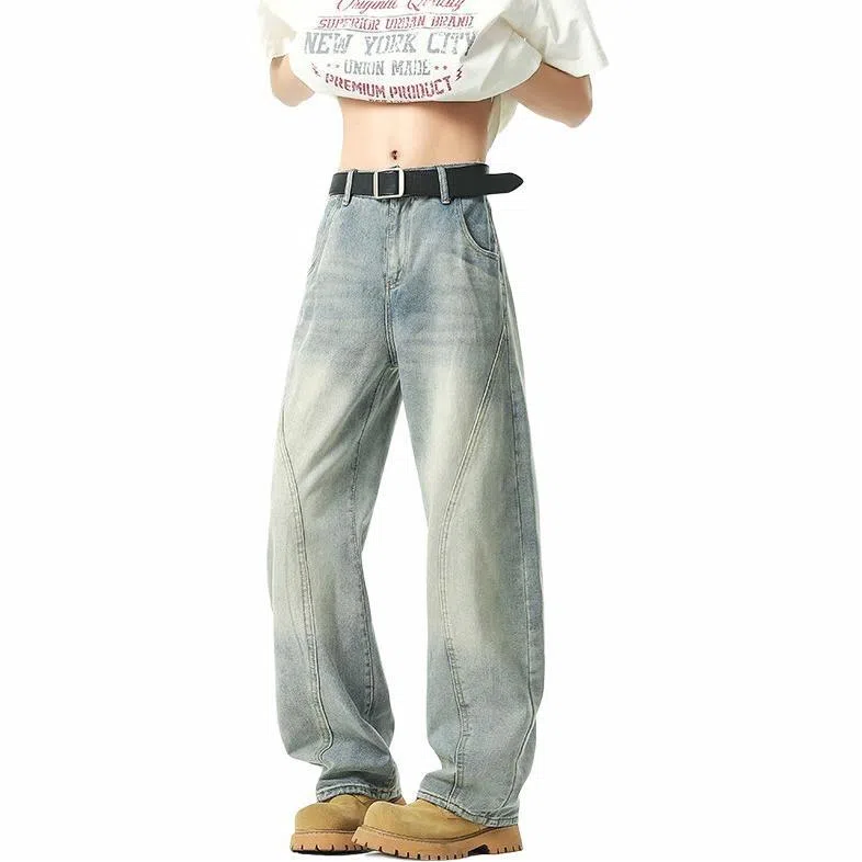 颂希尔 美式高街宽松休闲阔腿牛仔裤 男女同款