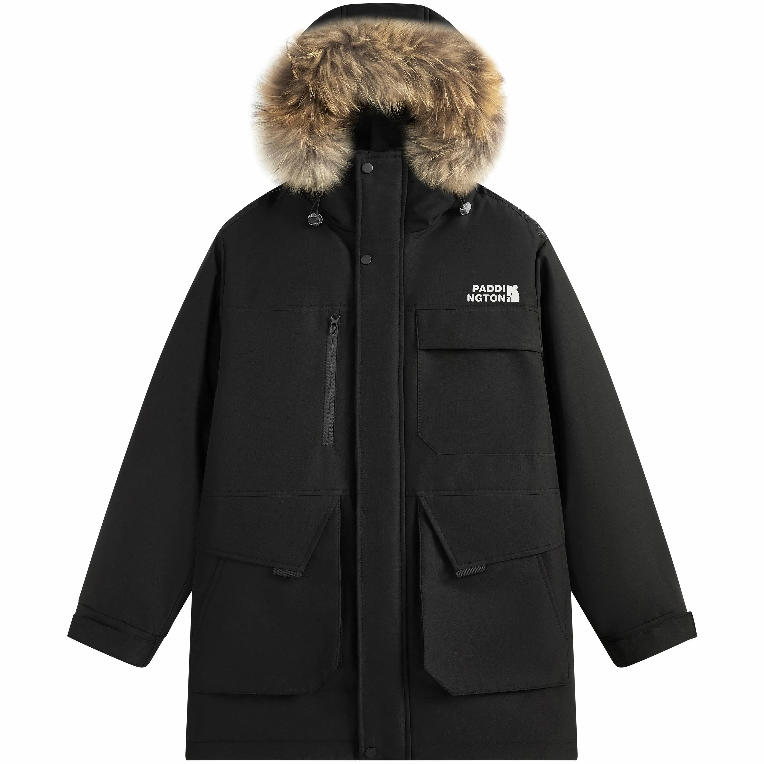 帕丁顿熊 纯色毛领派克中长款连帽宽松休闲外套防风防寒保暖加厚羽绒服 男女同款