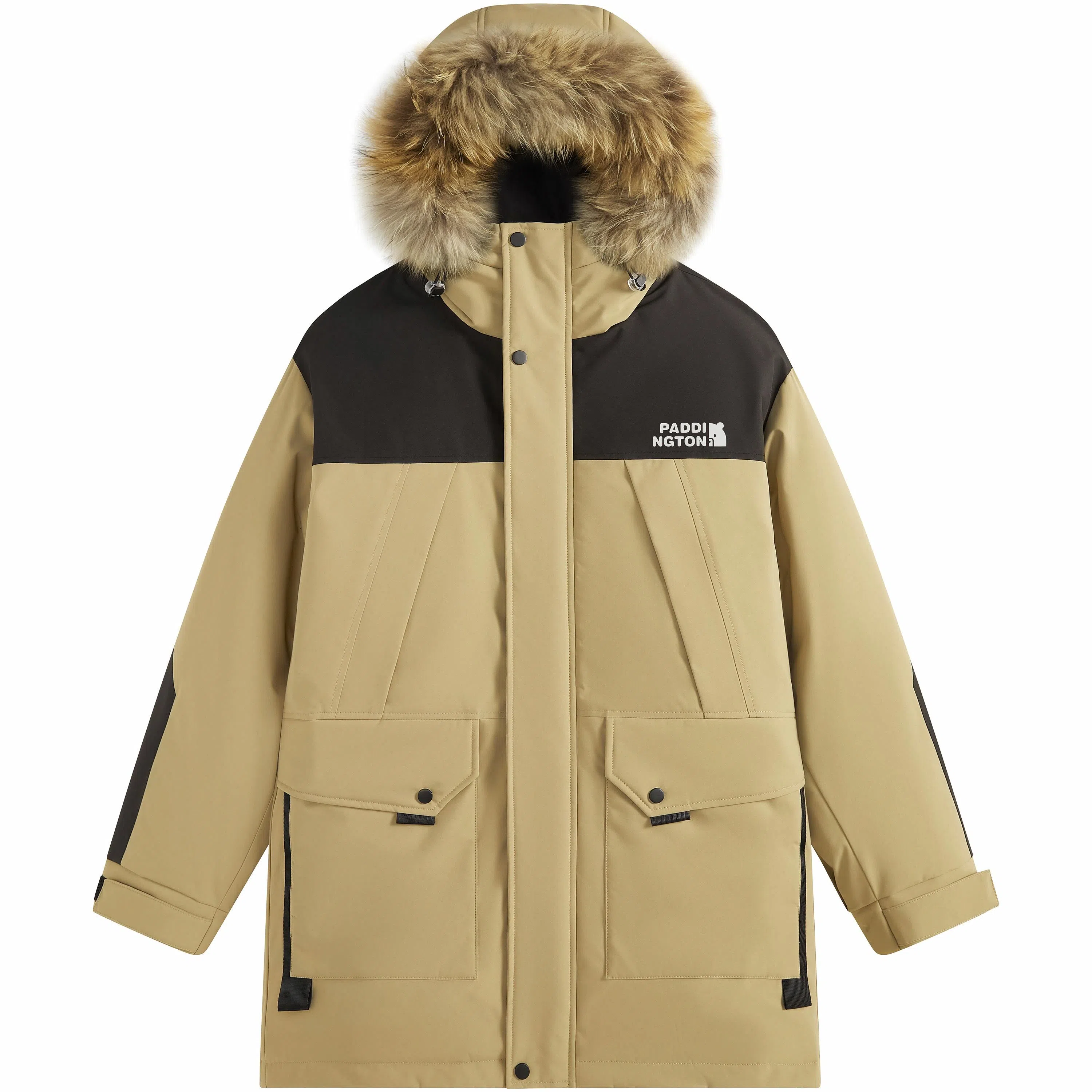 帕丁顿熊 纯色拼接毛领派克中长款连帽宽松休闲外套防风防寒保暖加厚羽绒服 男女同款