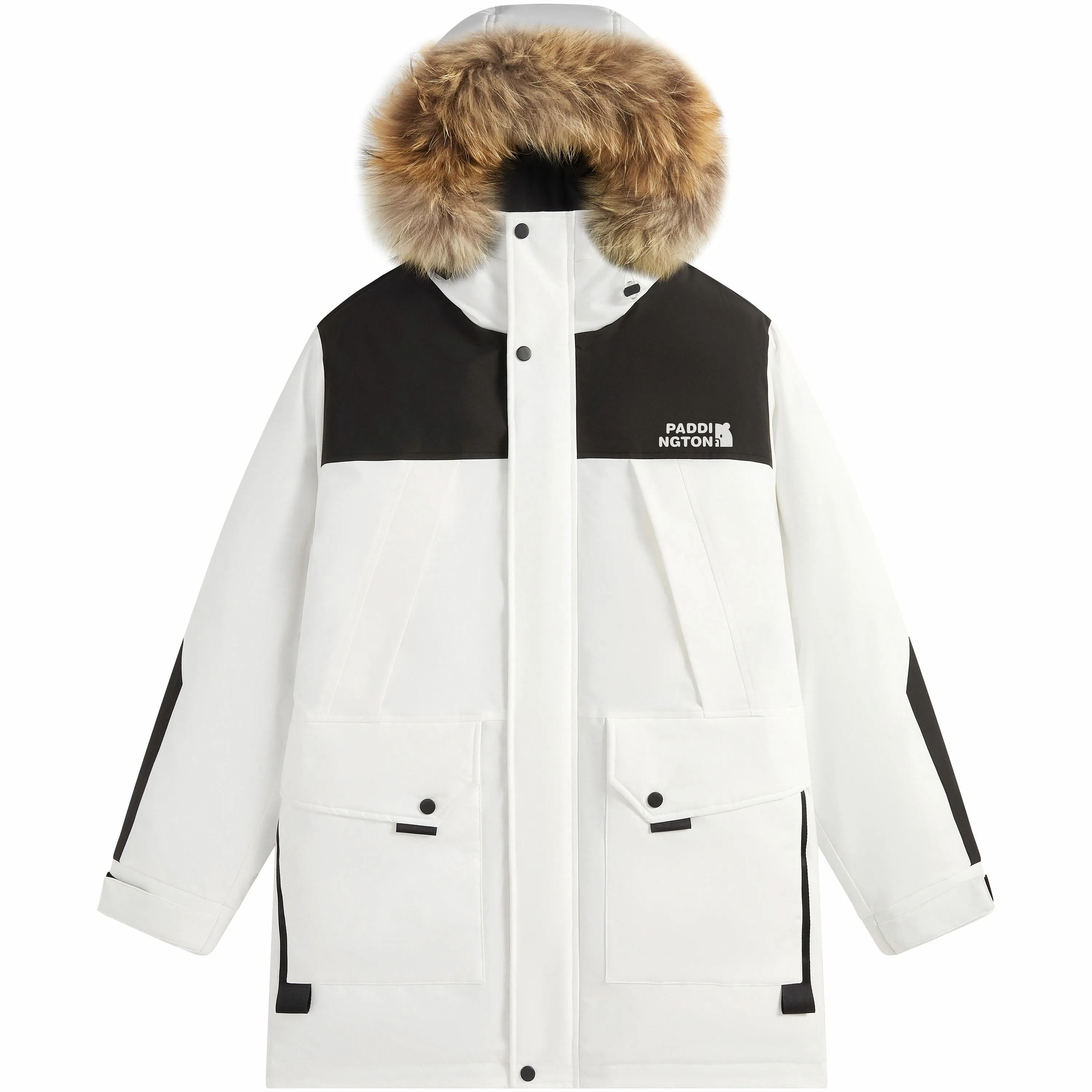 帕丁顿熊 纯色拼接毛领派克中长款连帽宽松休闲外套防风防寒保暖加厚羽绒服 男女同款