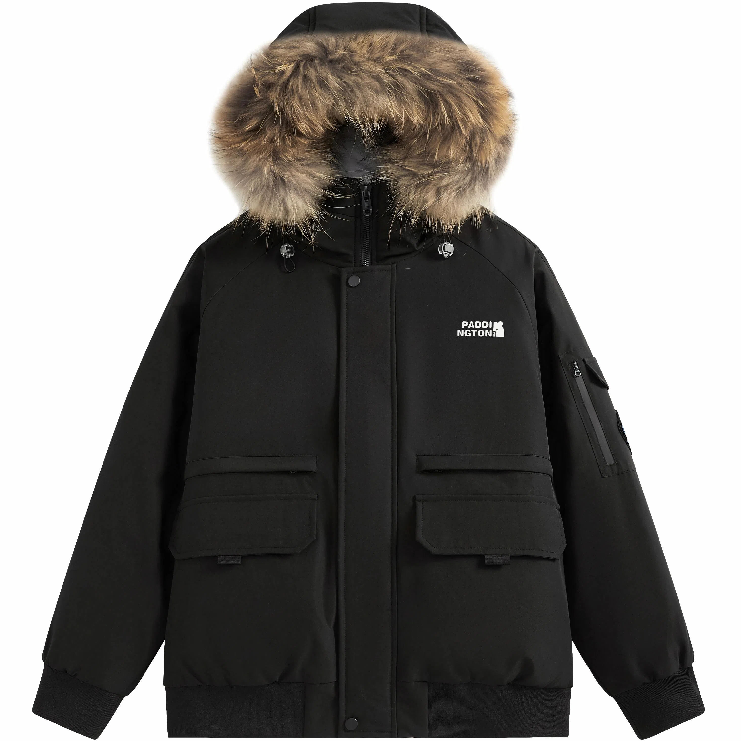 帕丁顿熊 纯色毛领派克连帽宽松外套简约小熊贴标休闲防风防寒保暖加厚羽绒服 男女同款