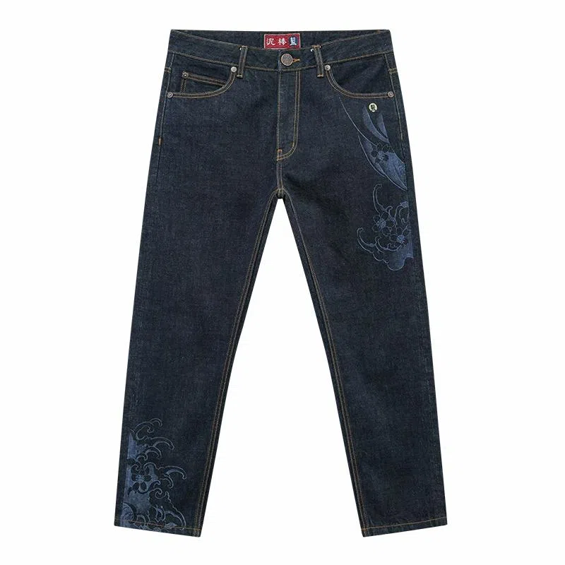 Oniarai Thief Blue Fire Lion Embroidered Straight Jeans