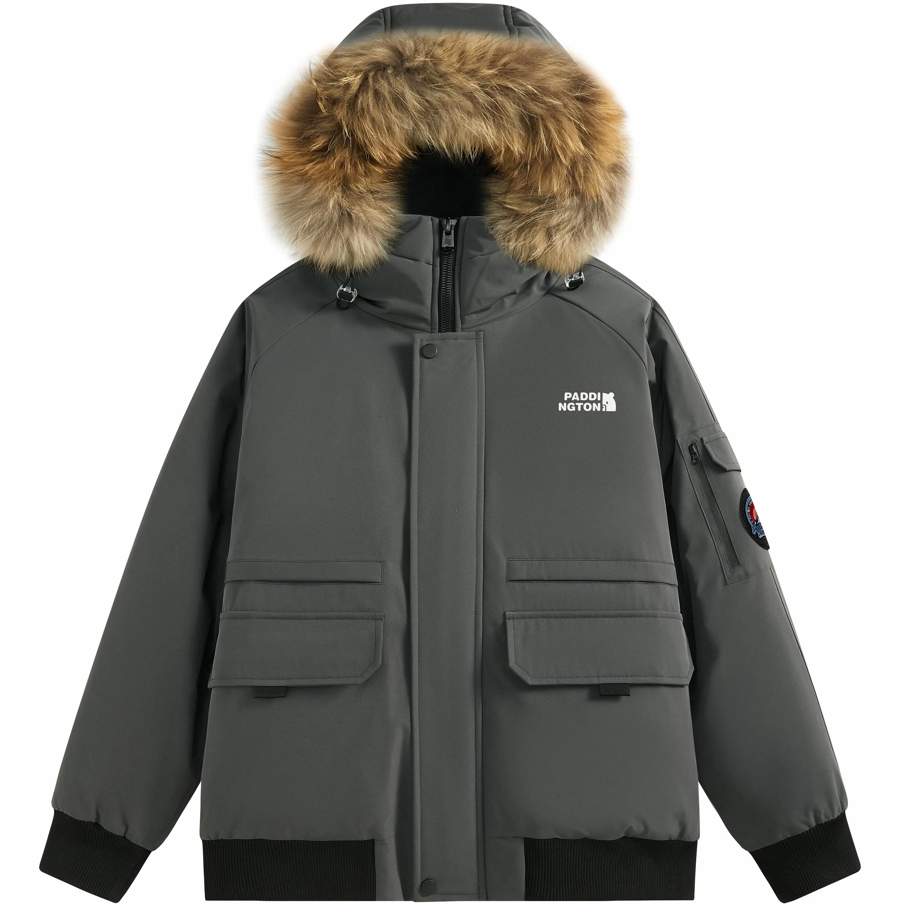 帕丁顿熊 纯色毛领派克连帽宽松外套简约小熊贴标休闲防风防寒保暖加厚羽绒服 男女同款