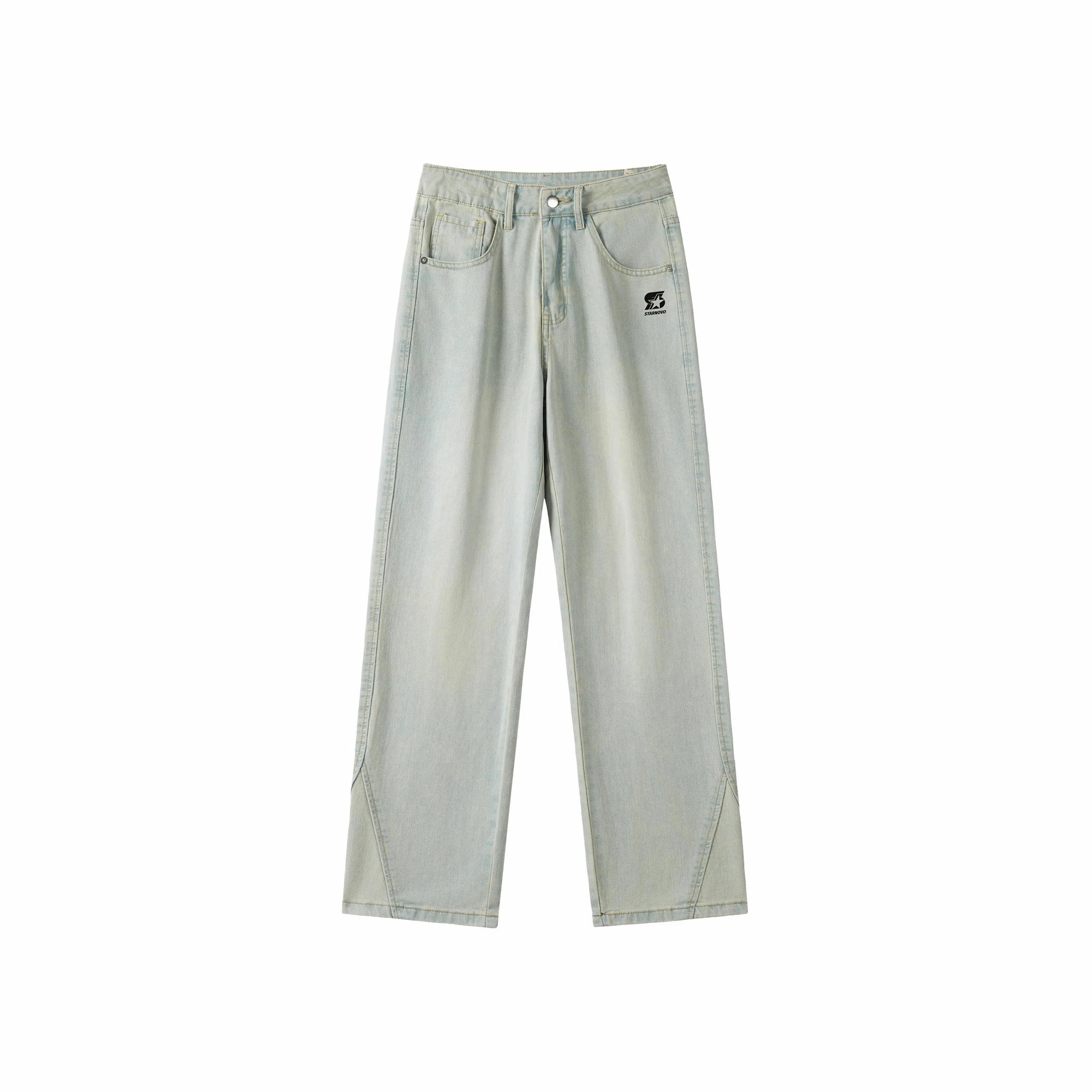 双星八特 美式复古纯色水洗做旧黄泥染高街宽松休闲直筒显高显瘦牛仔裤 男女同款