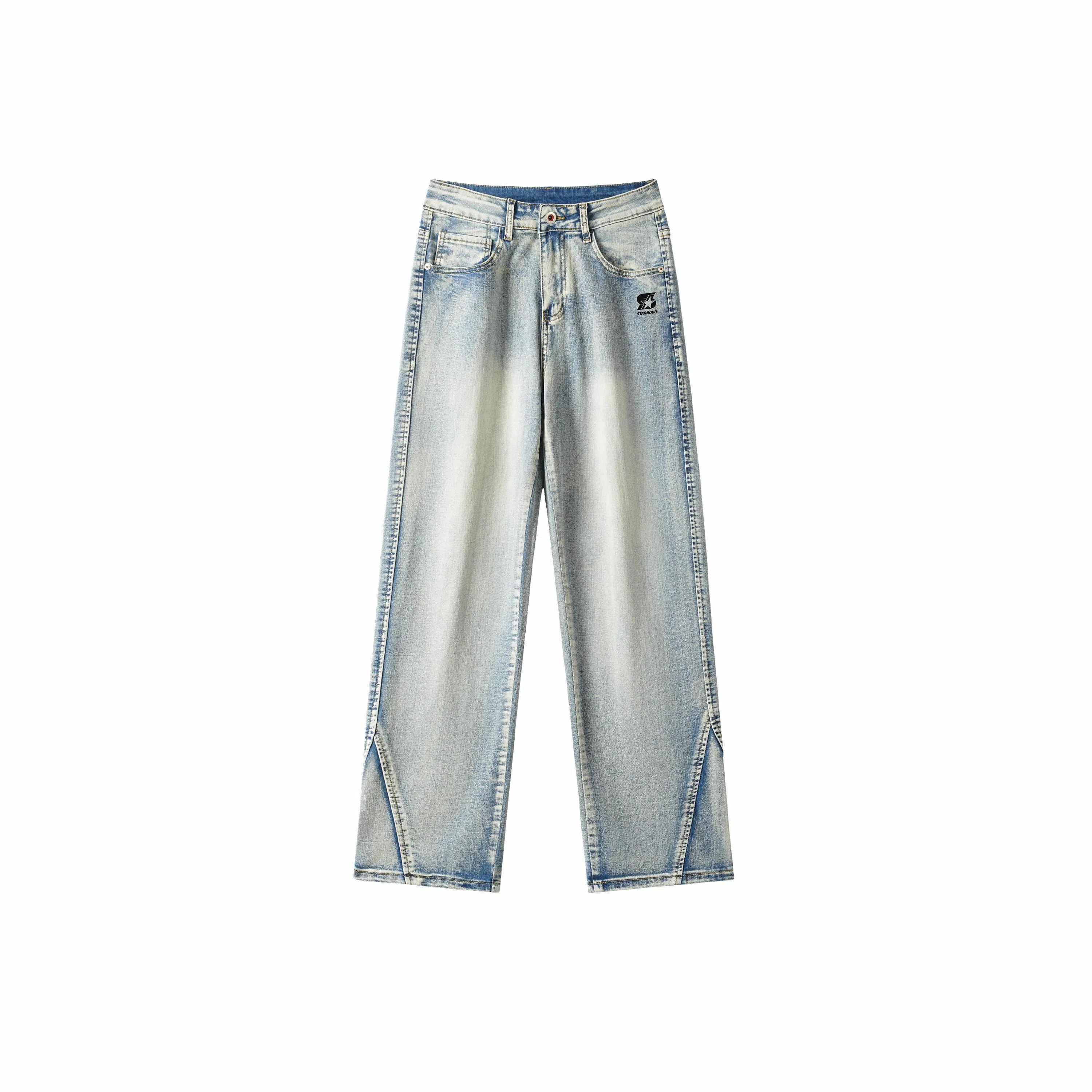 双星八特 美式复古纯色水洗做旧黄泥染高街宽松休闲直筒显高显瘦牛仔裤 男女同款