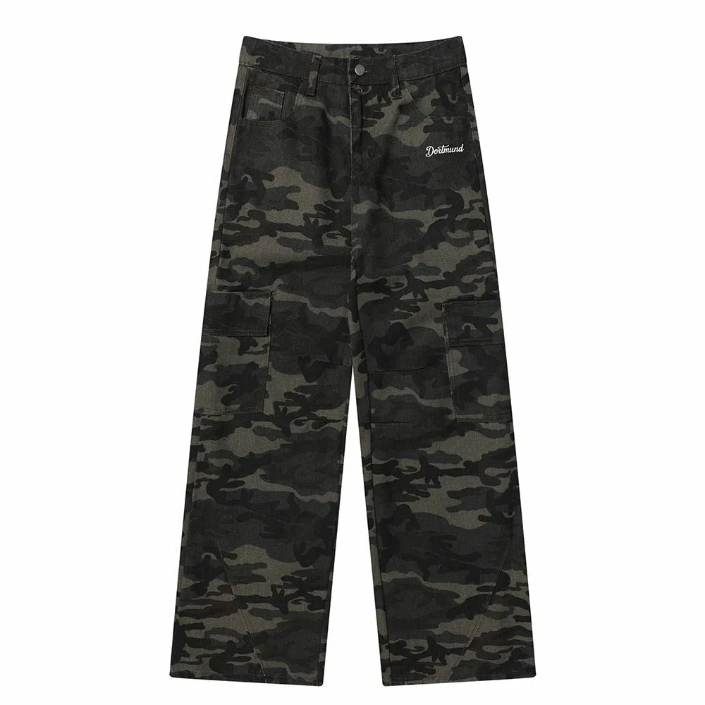 普鲁士多特蒙德 高端美式复古做旧水洗百搭休闲宽松阔腿垂坠感舒适透气大口袋工装伐木裤显高显瘦户外运动军事风直筒牛仔裤 男女同款 迷彩色