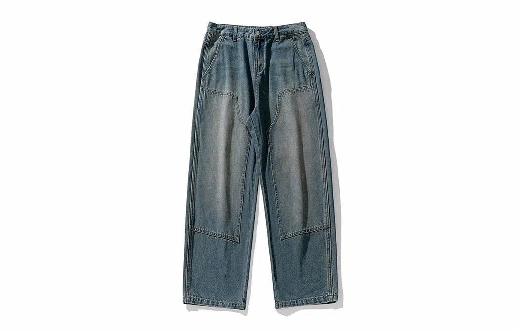 Baijuan Vintage Washed Double Knee Cargo Jeans Blue