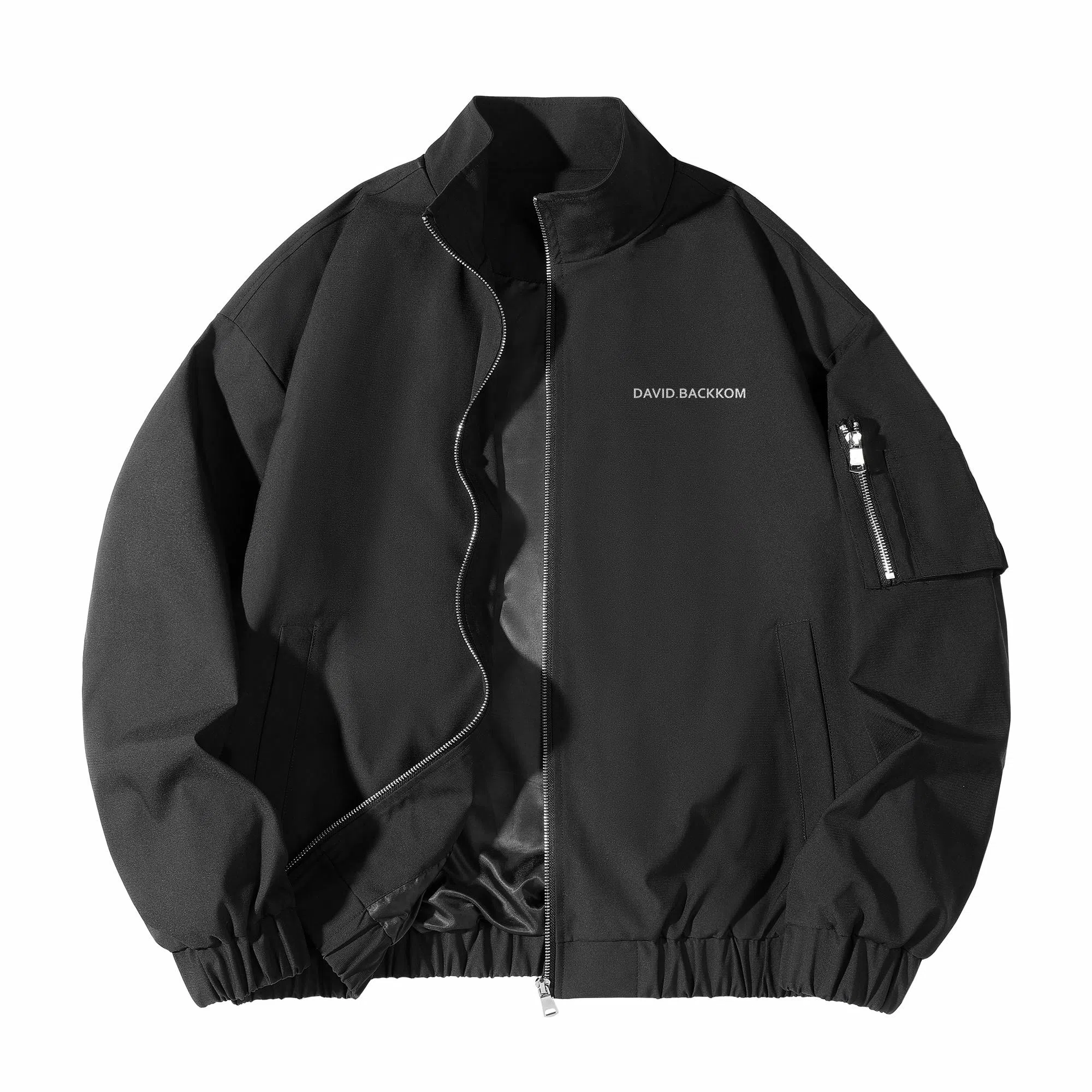 大卫贝肯 美式复古风简约基础款字母印花山系户外防风保暖潮流宽松飞行服纯色百搭工装夹克外套 男女同款 黑色