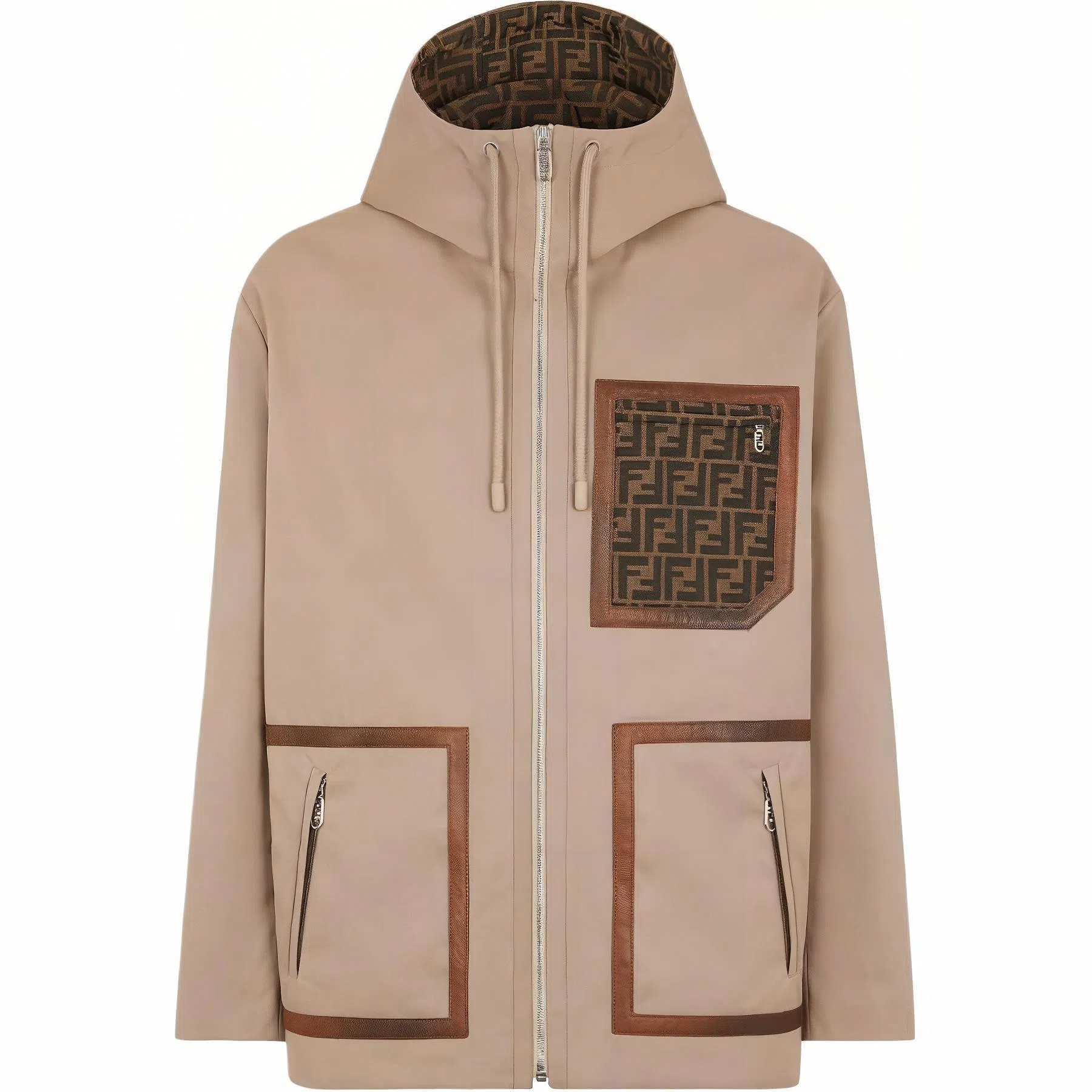 Fendi FW24 Logo Jacquard Hoodie Parka Beige