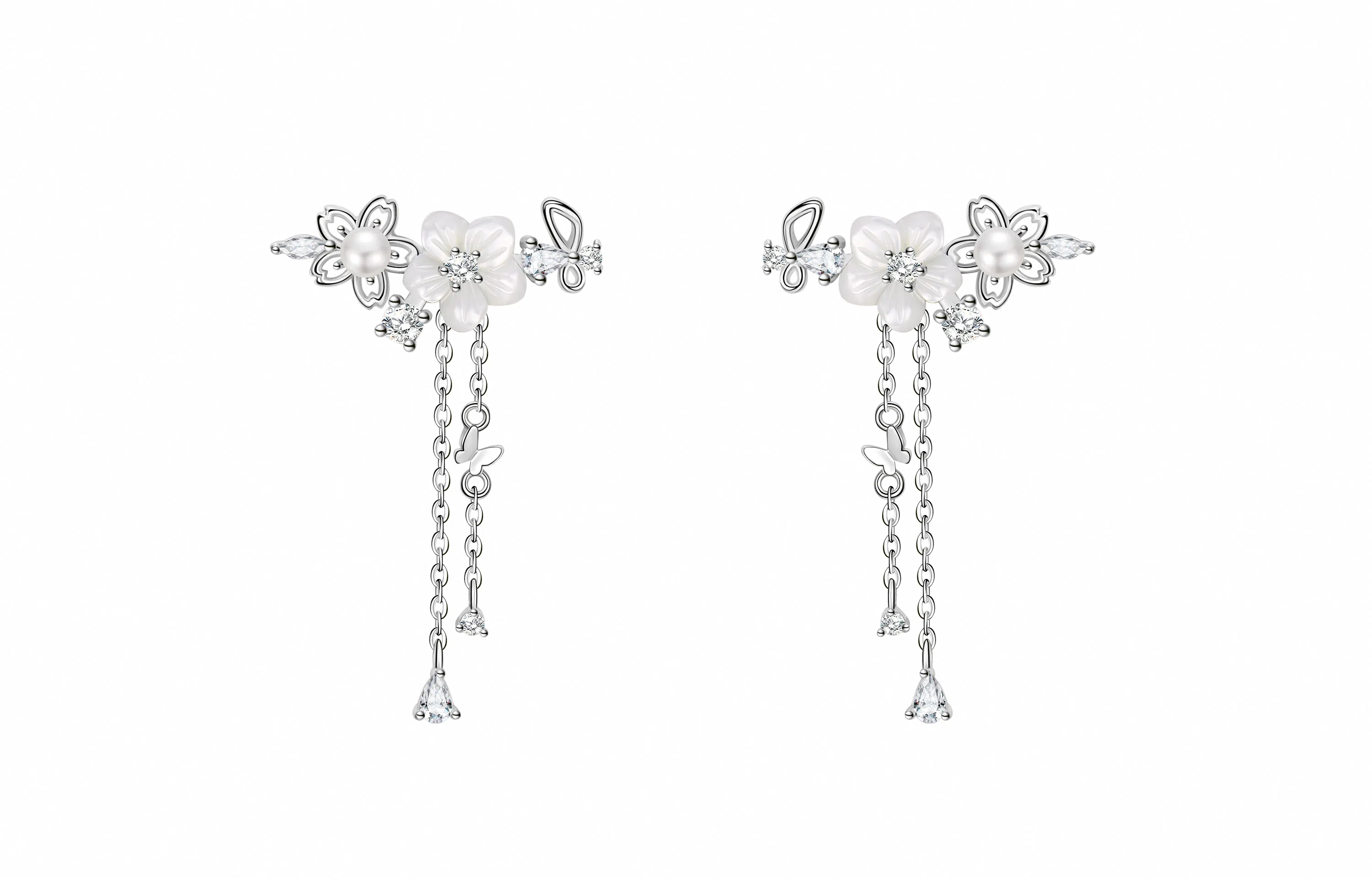 潮色绘 珍珠樱花流苏 轻奢小众 高级感 温柔甜美风 蝴蝶 铜 耳环 女款