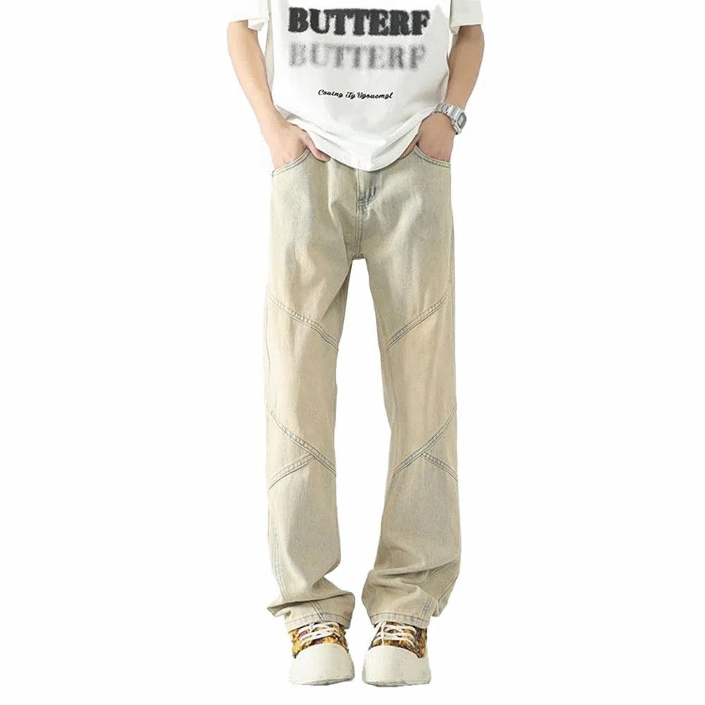 袋鼠 美式复古直筒中腰牛仔裤 男女同款 黄泥色