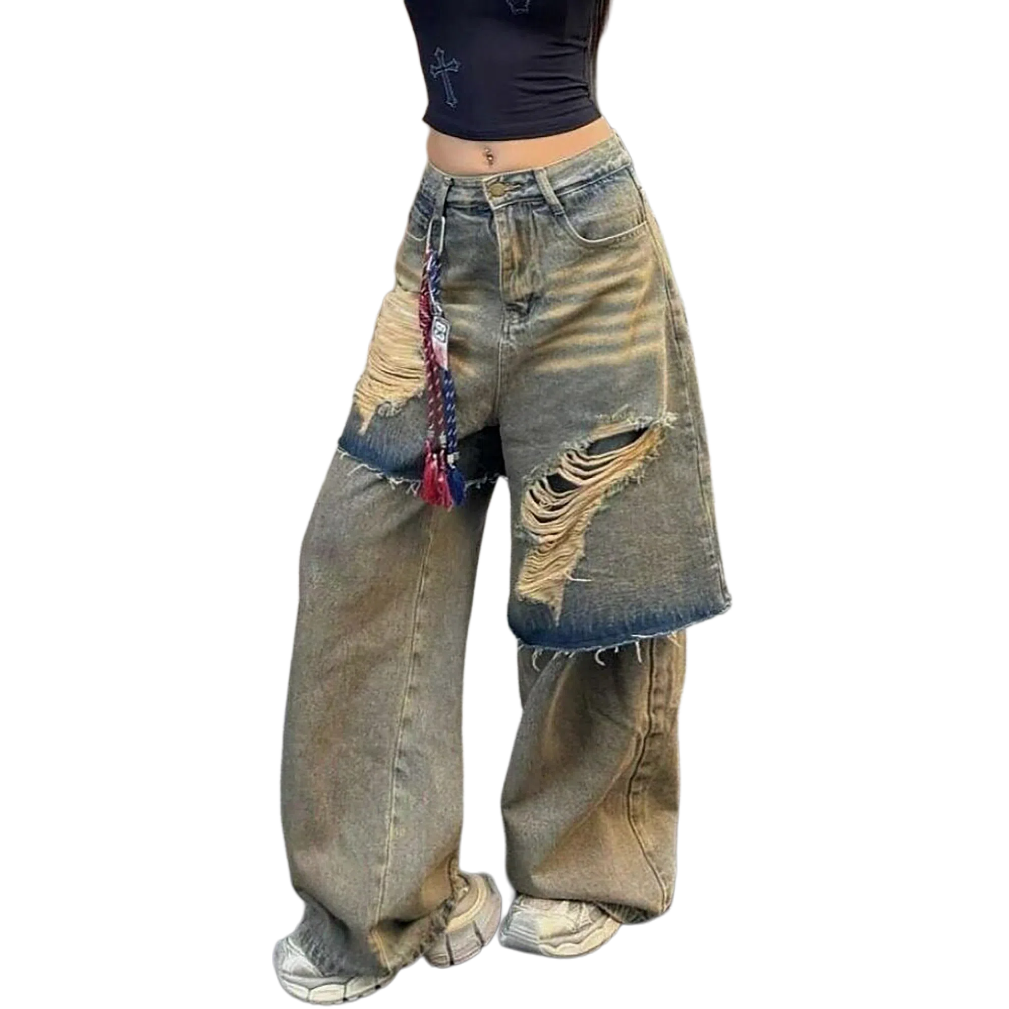 袋鼠 美式街头重工水洗破洞假两件拼接做旧设计感宽松垂感嘻哈废土风显高显瘦休闲直筒百搭牛仔裤 男女同款 复古蓝