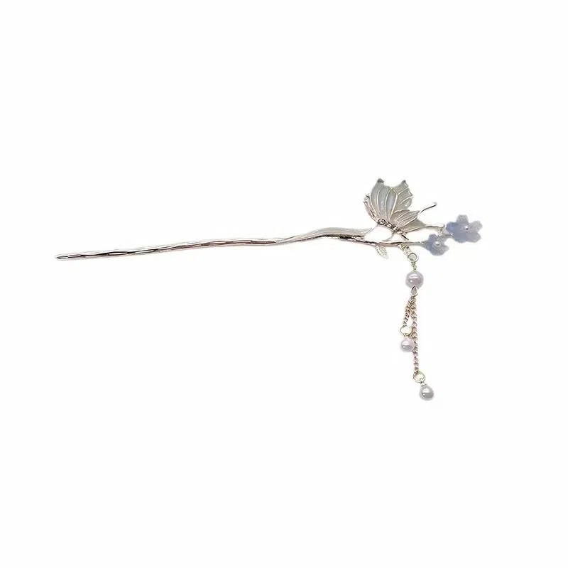 【蝶吻枝芽】 指尖瑰宝 新中式蝴蝶花朵流苏发钗高级感珍珠流苏步摇小清新仙气满满旗袍古风服饰百搭 镀银 发簪 女款