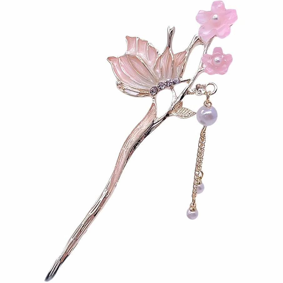 【蝶吻枝芽】 指尖瑰宝 新中式蝴蝶花朵流苏发钗高级感珍珠流苏步摇小清新仙气满满旗袍古风服饰百搭 镀银 发簪 女款