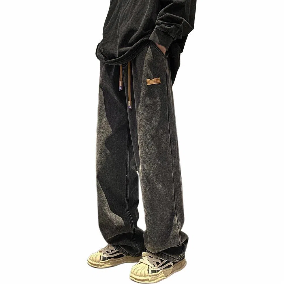 颂希尔 美式高街水洗复古阔腿宽松潮流百搭休闲裤潮牌牛仔裤 男女同款