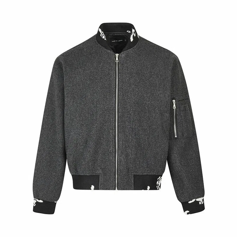 轻迎 提花毛呢肌理感复古拼接短款拉链飞行夹克外套 男款