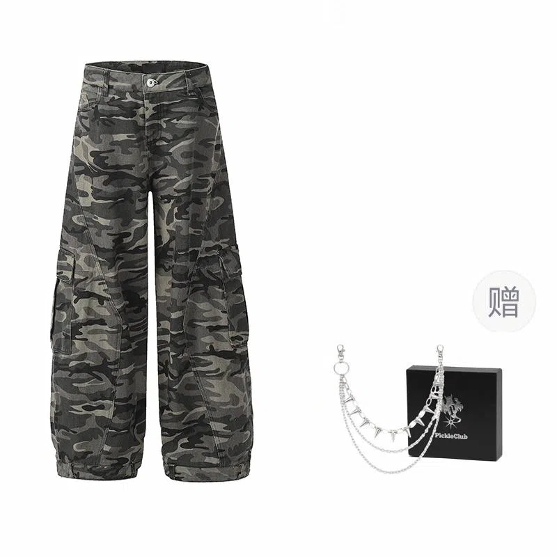 梁拌泡菜 美式高街复古宽松长裤休闲弯刀牛仔裤 男女同款 迷彩
