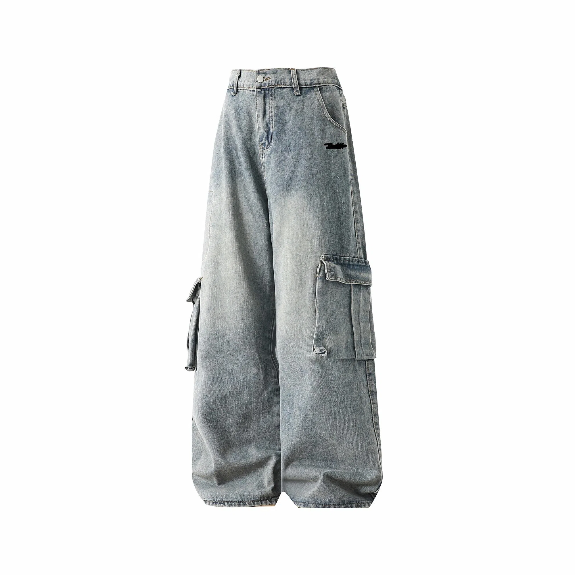 大卫贝肯 美式复古高街水洗做旧宽松休闲工装直筒拖地牛仔裤 男女同款 蓝色