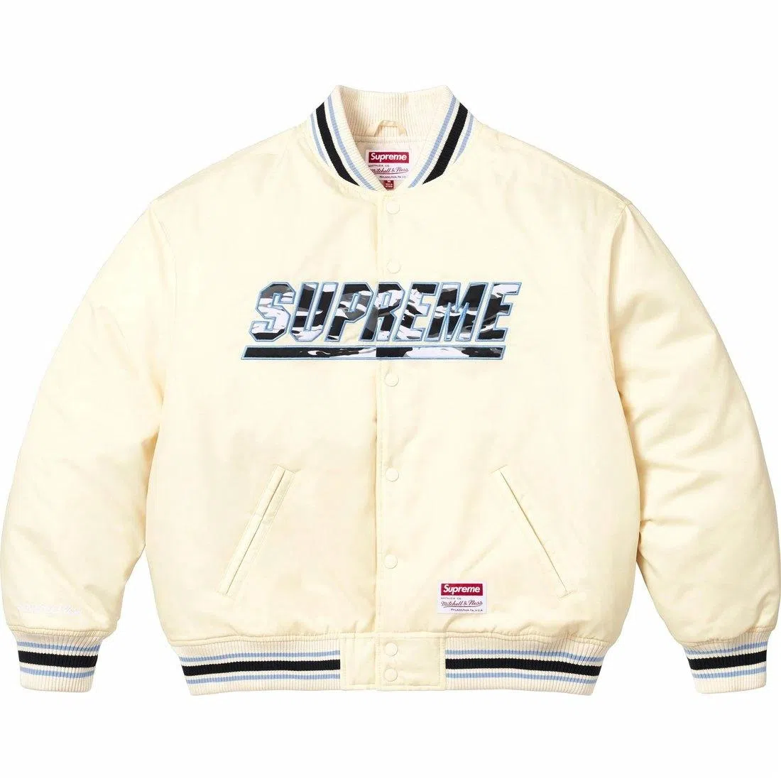 Supreme x Mitchell & Ness Camo Logo Varsity Jacket