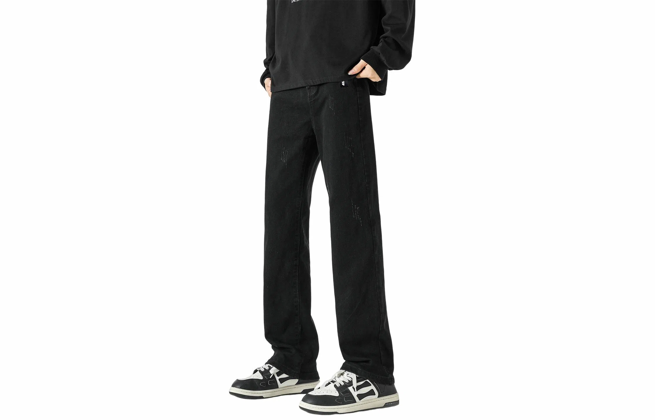 大卫贝肯 水洗做旧设计感刮破直筒铅笔裤美式高街宽松休闲百搭日常通勤基础款纯色中腰柔软小脚牛仔裤 男女同款