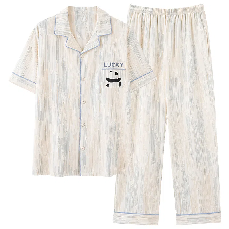 夏芬妍 柔软舒适条纹熊猫纯棉翻领家居服休闲舒适短袖短裤时尚可外穿 睡衣套装 男女同款