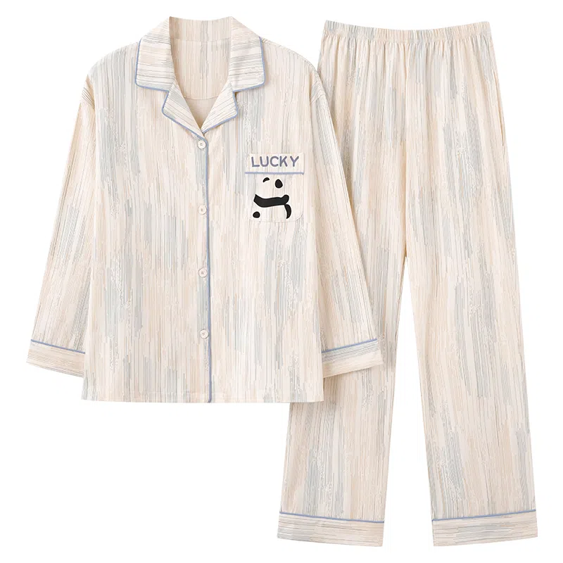 夏芬妍 柔软舒适条纹熊猫纯棉翻领家居服休闲舒适短袖短裤时尚可外穿 睡衣套装 男女同款