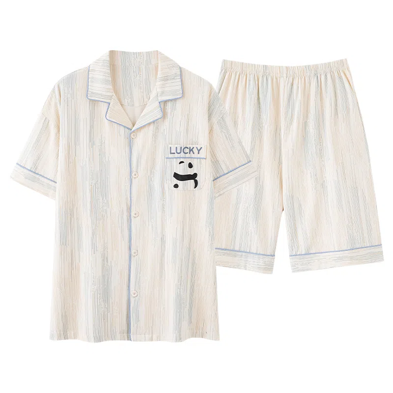 夏芬妍 柔软舒适条纹熊猫纯棉翻领家居服休闲舒适短袖短裤时尚可外穿 睡衣套装 男女同款