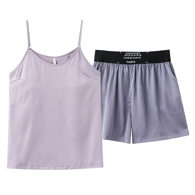 莫代尔 舒适时尚百搭圆领显瘦柔软亲肤细腻带胸垫防凸点吊带家居服可外穿睡衣套装 女款 紫色