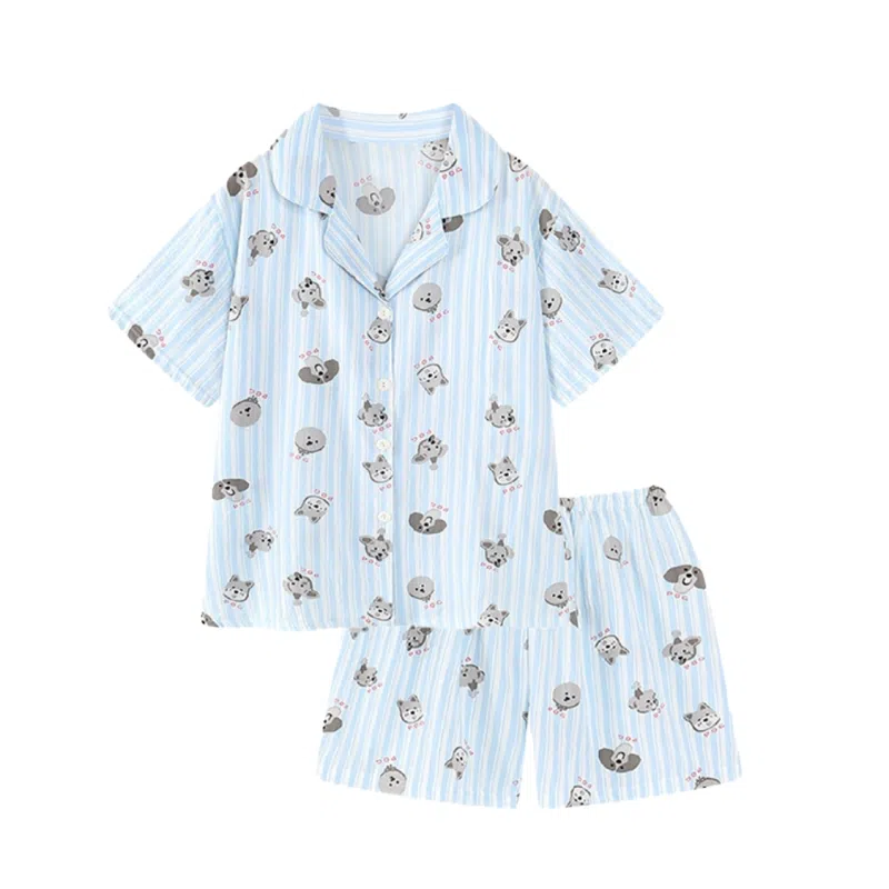 夏芬妍 柔软舒适条纹萌狗云朵棉翻领开衫家居服亲肤休闲短袖短裤时尚可外穿睡衣套装 女款 蓝色
