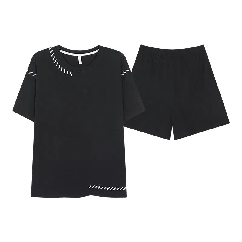 细舍 简约纯色休闲带胸垫短袖家居服睡衣套装 女款 黑色