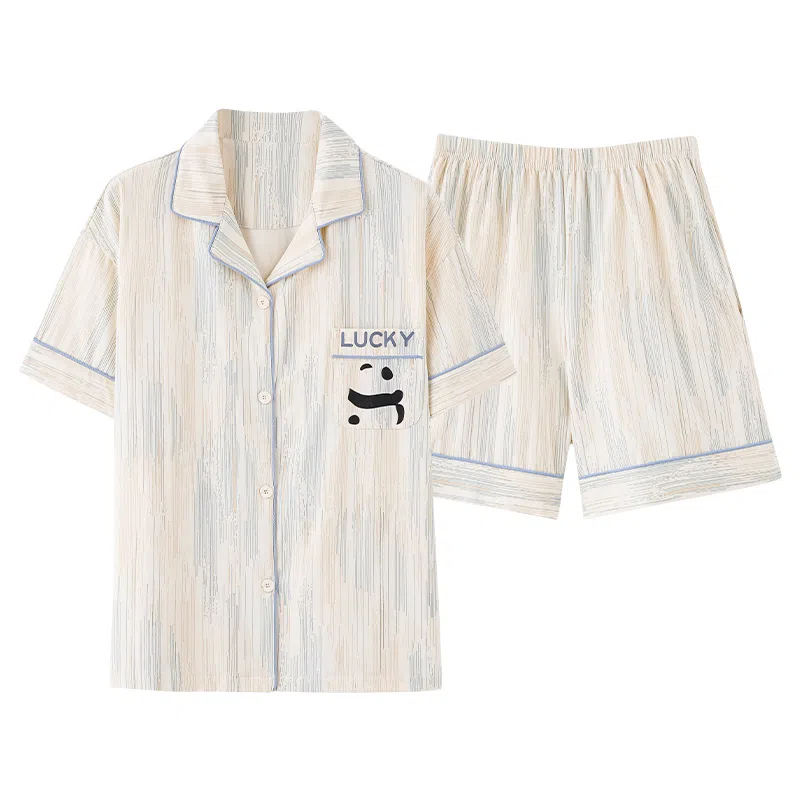 夏芬妍 柔软舒适条纹熊猫纯棉翻领家居服休闲舒适短袖短裤时尚可外穿 睡衣套装 男女同款