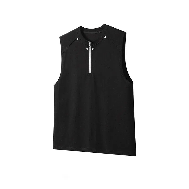 夏季美式高街风复古圆领套头与拉链无袖百搭纯色款式背心 男款