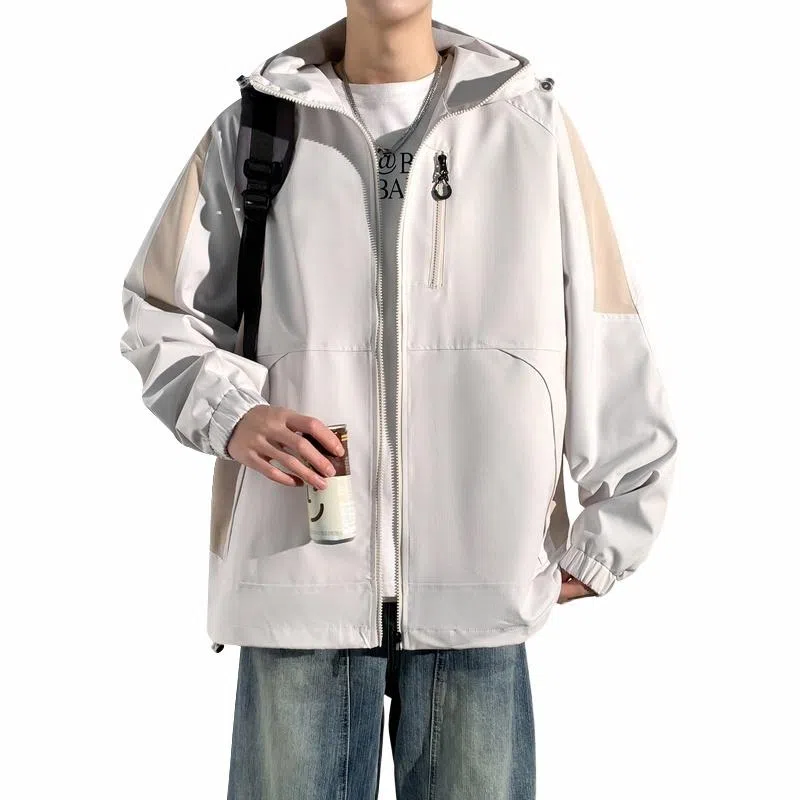 美力城 学院风美式嘻哈街头拼接撞色基础款休闲日常百搭通勤连帽夹克外套 男女同款