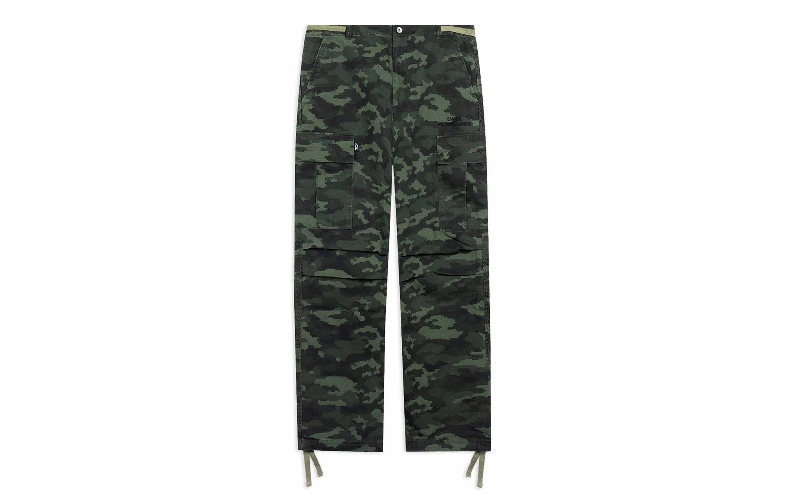 中国李宁 黄金年代 满印迷彩图案纽扣直筒休闲裤 男款 绿色