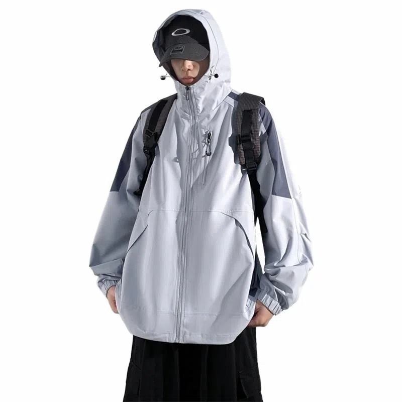 美力城 学院风美式嘻哈街头拼接撞色基础款休闲日常百搭通勤连帽夹克外套 男女同款