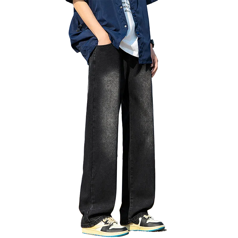 人本 中腰直筒宽松阔腿裤子松紧腰舒适休闲长裤牛仔裤夏季 男女同款