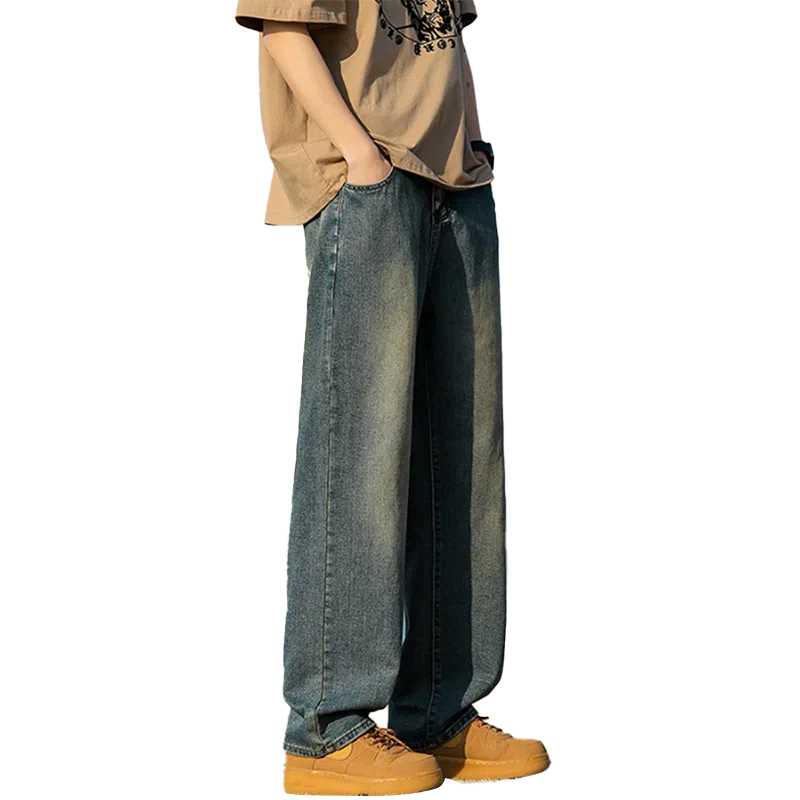 人本 中腰直筒宽松阔腿裤子松紧腰舒适休闲长裤牛仔裤夏季 男女同款