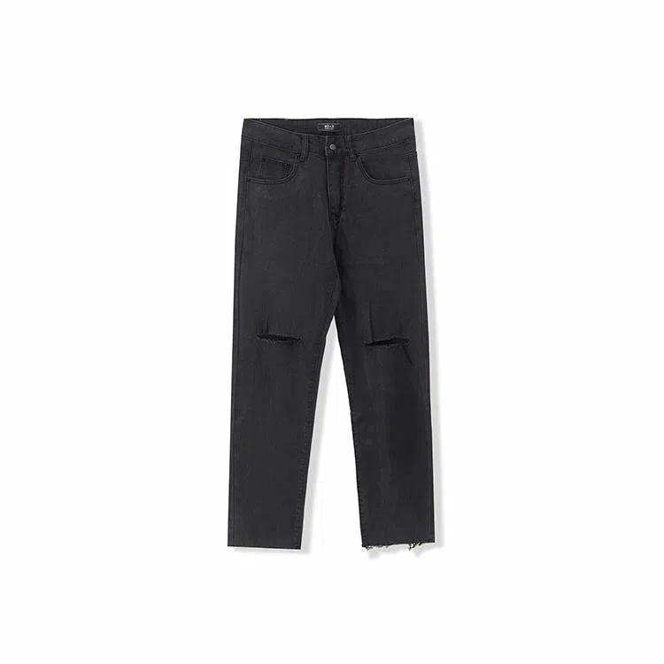 我是大卫 美式高街纯色做旧水洗不规则破洞设计牛仔裤 男女同款 黑色