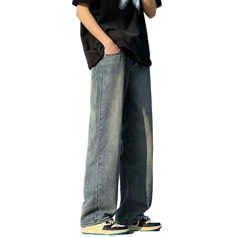 人本 中腰直筒宽松阔腿裤子松紧腰舒适休闲长裤牛仔裤夏季 男女同款