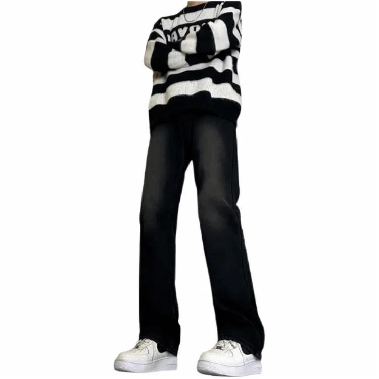 物质公式 美式高街复古做旧水洗基础款宽松百搭高腰透气休闲牛仔裤 男女同款 黑灰色