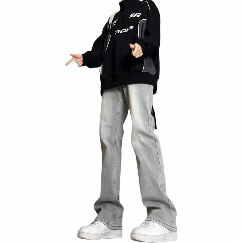 物质公式 美式高街复古做旧水洗基础款宽松百搭高腰透气休闲牛仔裤 男女同款 黑灰色