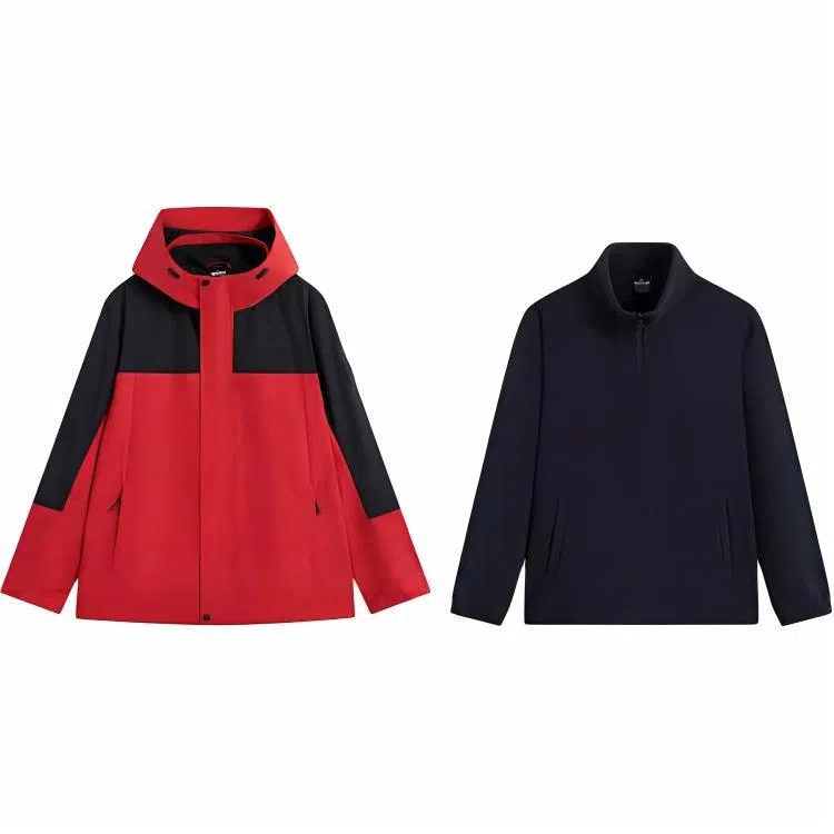 特步 户外系列 休闲连帽拉链长袖夹克外套 男款 魔力红/正黑色